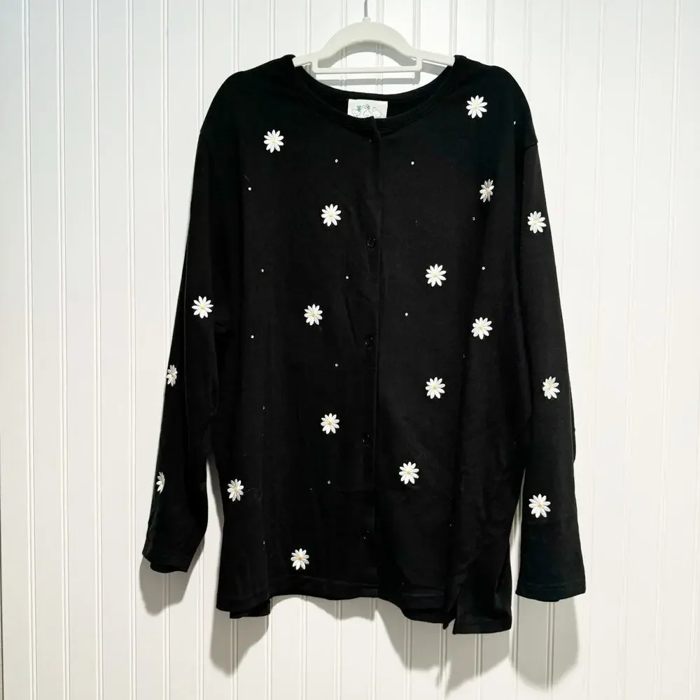 Quacker Factory Black Daisy Embroidered Cardigan Sweater Cotton Plus Size 3X
